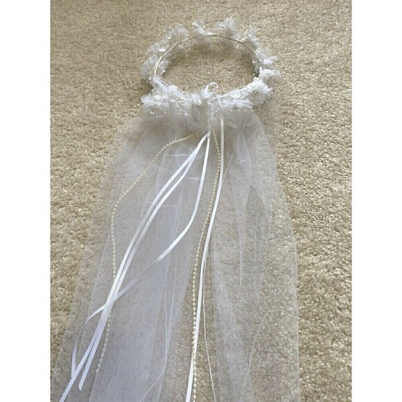 Wedding Flower Girl Dress Sz 10 Ivory White w Headpiece Cream Communion Formal - Picture 9 of 11